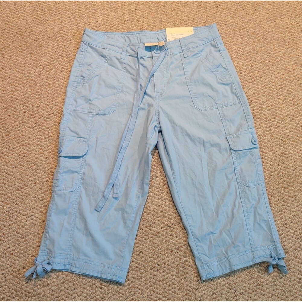 St John's Bay Cargo Capri Pants Womens 10P Blue Drawstring Midrise Utility